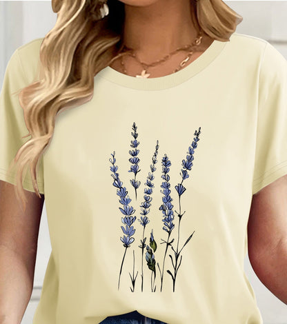 Dames T-shirt Casual Stijl met Wildbloemenpatroon Botanische Illustratie