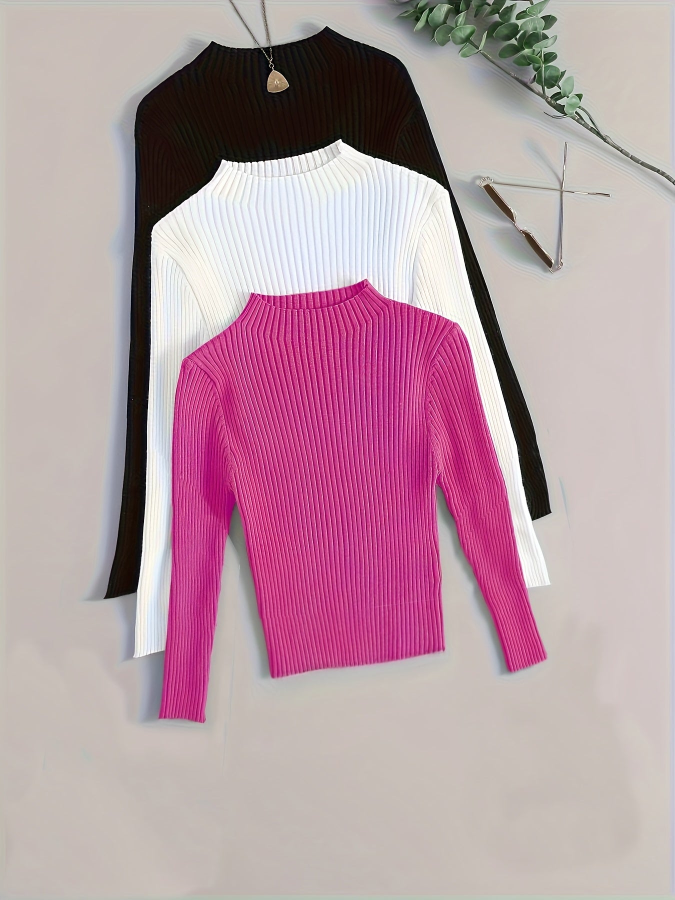 Pull côtelé à col montant pour femme, manches longues