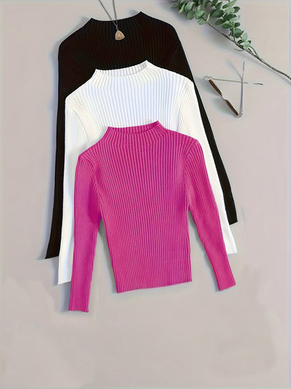 Pull côtelé à col montant pour femme, manches longues