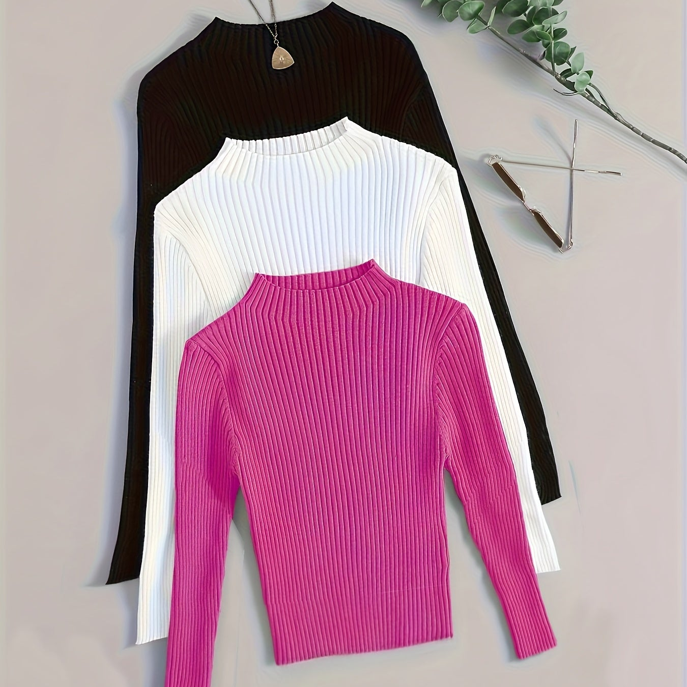 Pull côtelé à col montant pour femme, manches longues