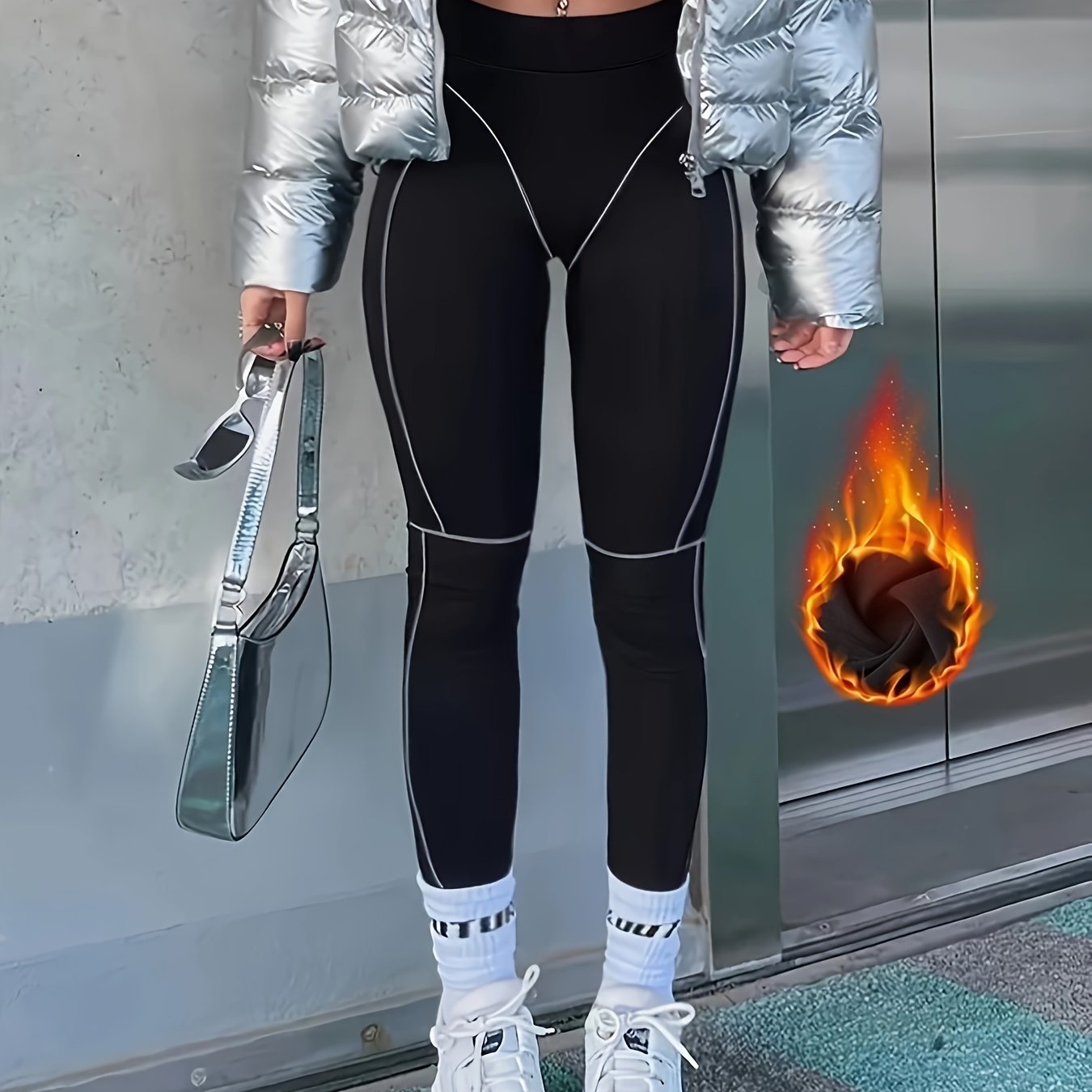 Legging Femme Noir à Coutures Contrastantes Taille Haute