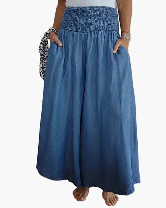 Pantalon large taille haute style bohème pour femme, coupe fluide et confortable, idéal quotidien et détente