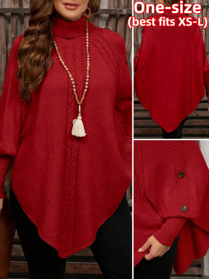 Pull poncho en tricot à col roulé et tresses avec boutons décoratifs pour femme