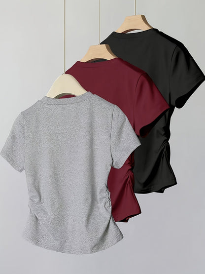 T-shirt femme casual chic à manches courtes avec nœud brodé, style élégant pour usage quotidien