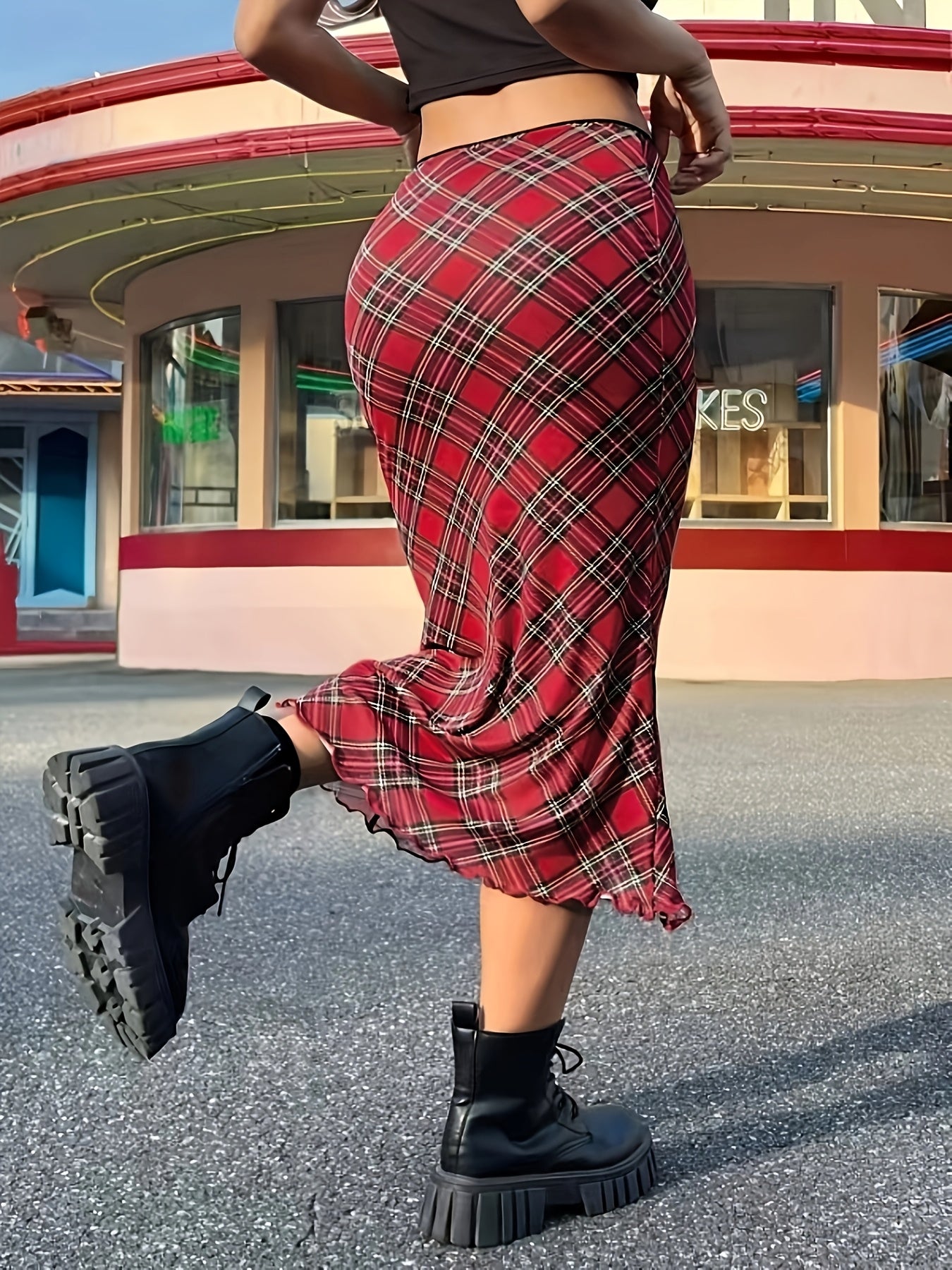 Jupe longue à carreaux géométriques style élégant pour femme