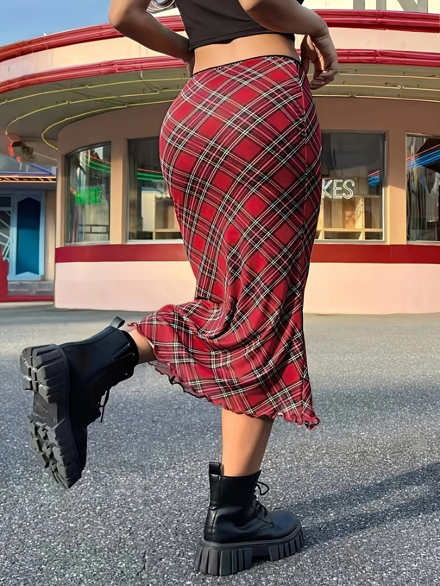 Jupe longue à carreaux géométriques style élégant pour femme