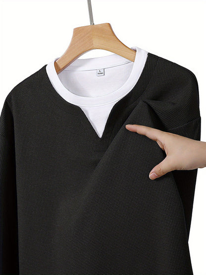 Pull Homme Maille Gaufre Bicolore Col V Manches Longues Gris
