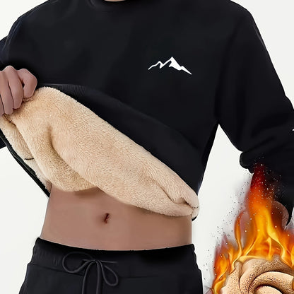 Sweat-shirt homme chaud col rond doublé molletonné avec motif montagne