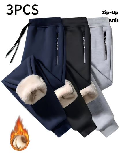 Lot de 3 Pantalons de Survêtement Polaire Homme, Élastique, Doublure Chaude, Poches Zippées, Bleu Marine, Noir et Gris Clair