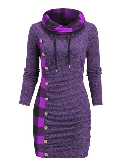 Robe Pull Courte Femme avec Col Cheminée et Motif Carreaux Bicolores