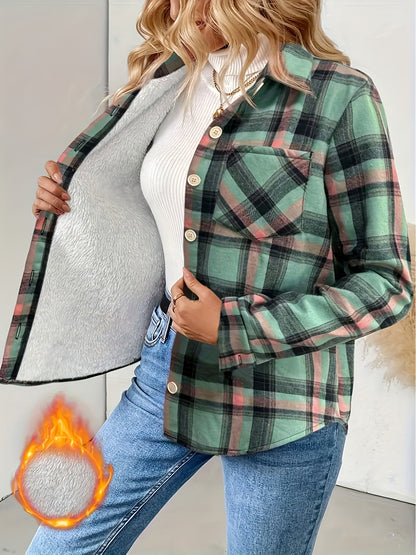 Chemise Veste Femme à Carreaux Doublée Effet Mouton Vert Menthe Rouge