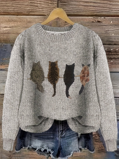 Pull en maille femme col rond à motif chats manches longues