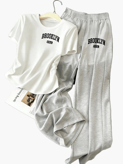 Ensemble décontracté pour femme, t-shirt à manches courtes et pantalon large, style lounge chic