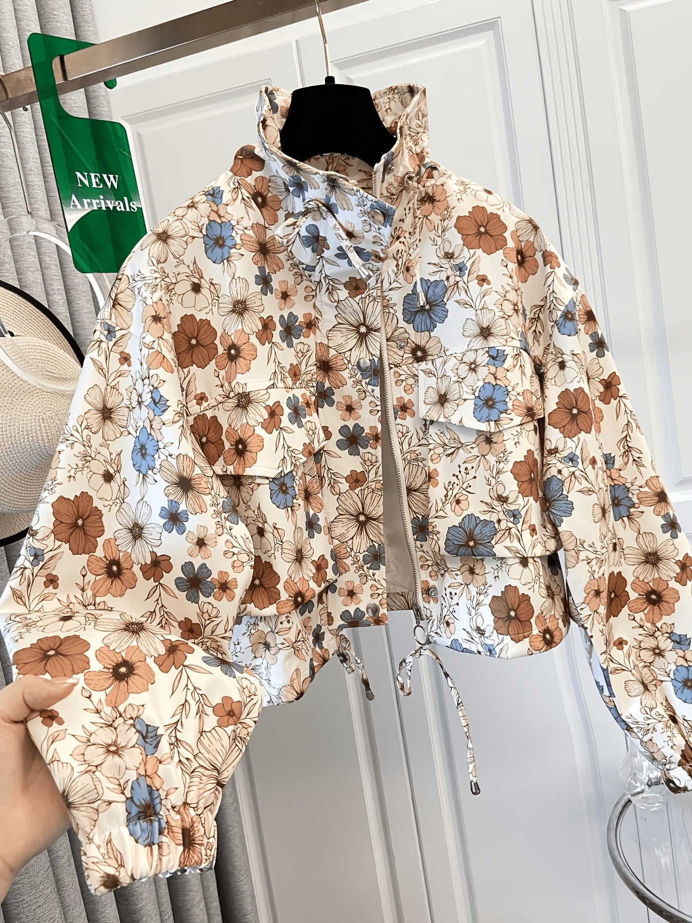 Veste courte à motif floral et abstrait pour femme avec col montant et cordon de serrage