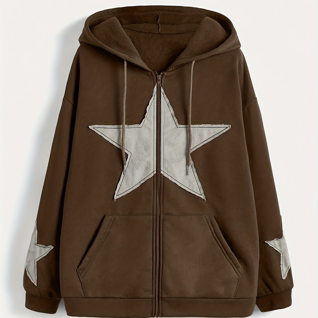 Sweat à capuche zippé marron avec motif étoile gris délavé