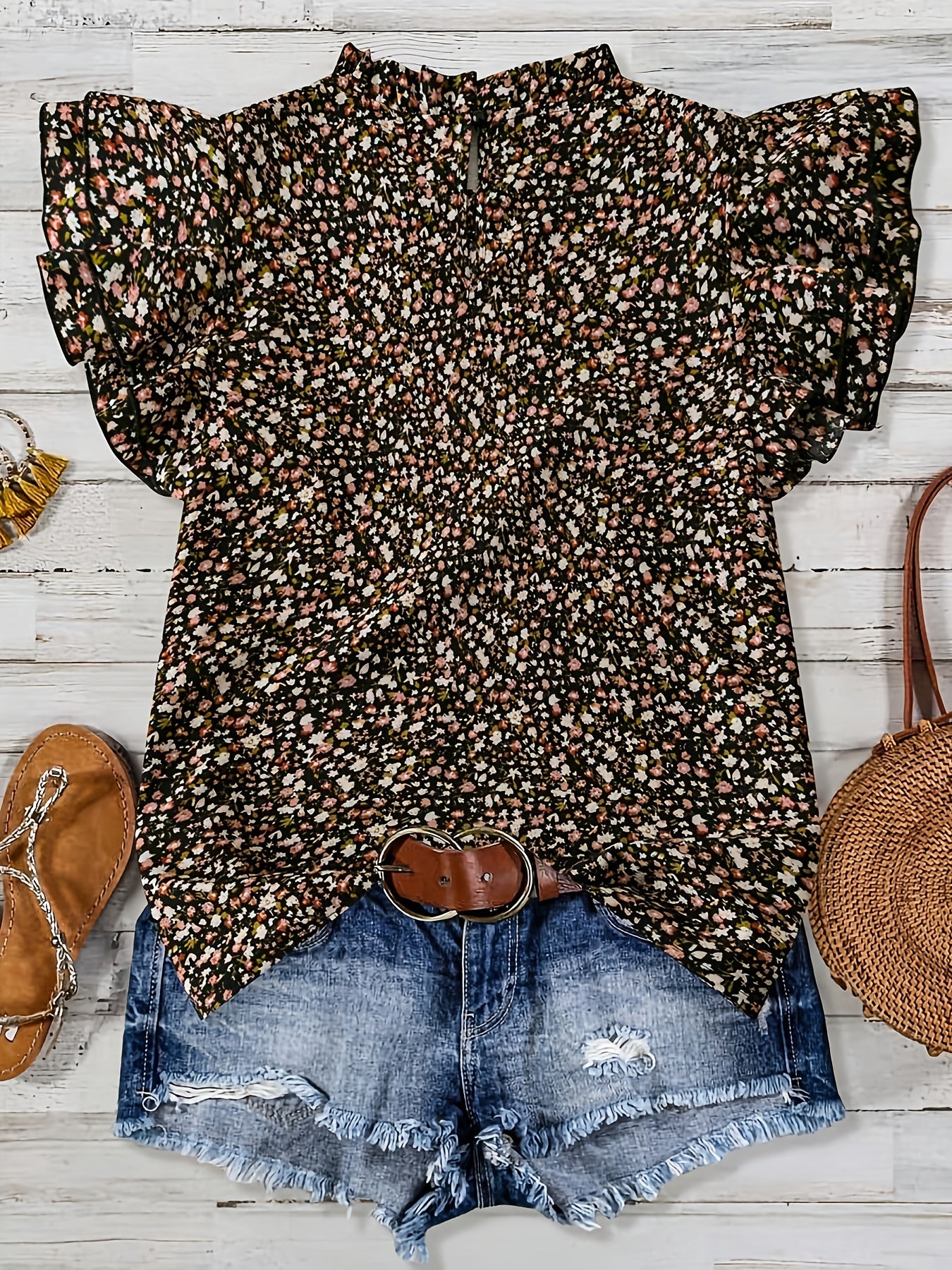 Elegant blommig blus med volangärmar för kvinnor - Avslappnad sommarstil