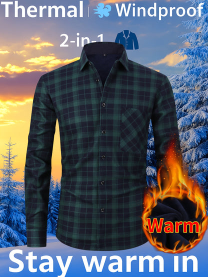 Men's Fleece-Lined Plaid Button-Up Shirt Jacket