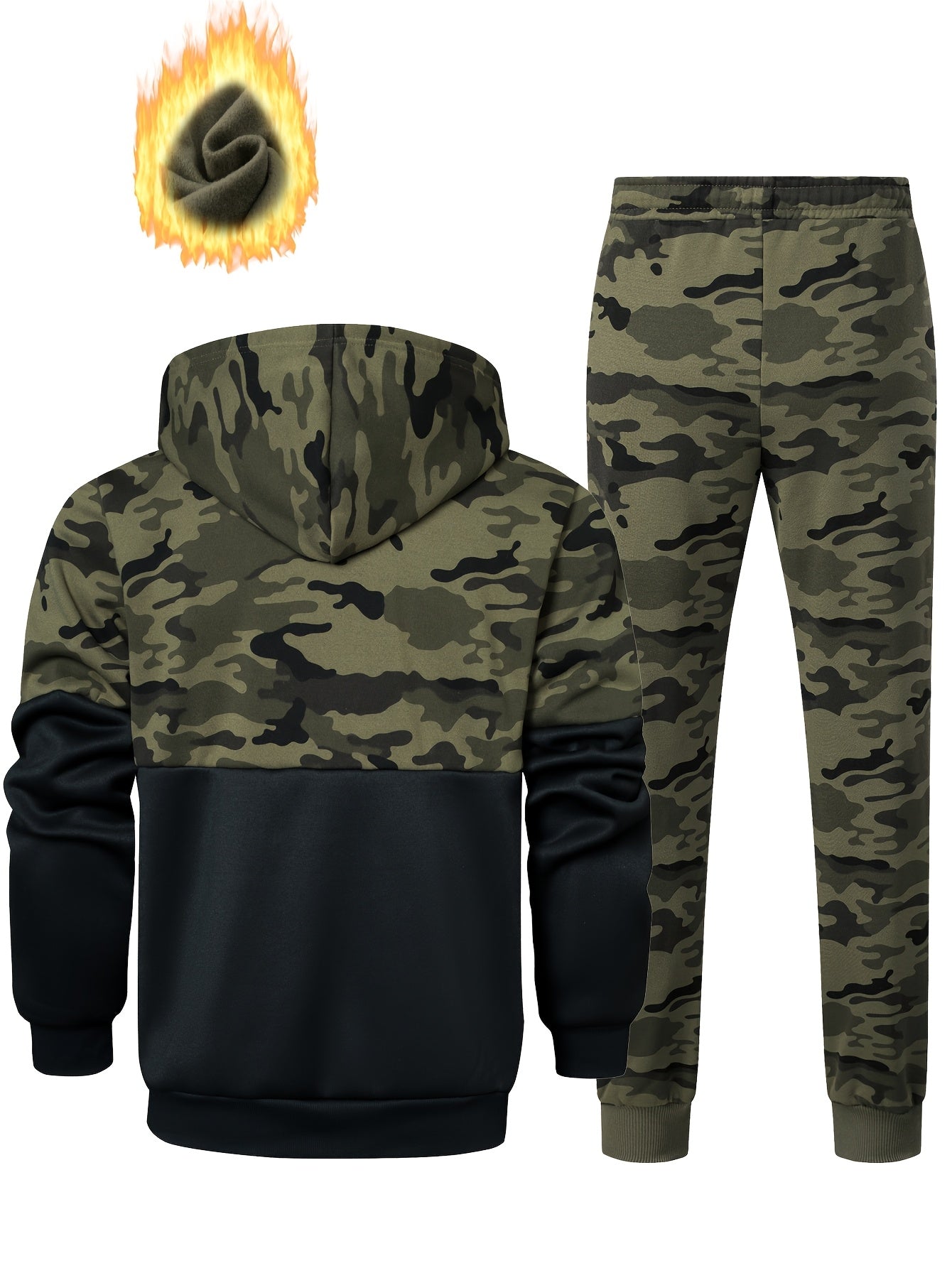 Ensemble survêtement camouflage kaki et noir homme avec veste à capuche zippée