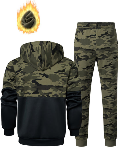 Ensemble survêtement camouflage kaki et noir homme avec veste à capuche zippée