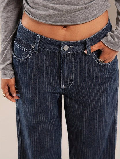 Jean large délavé bleu marine rayé taille haute pour femme