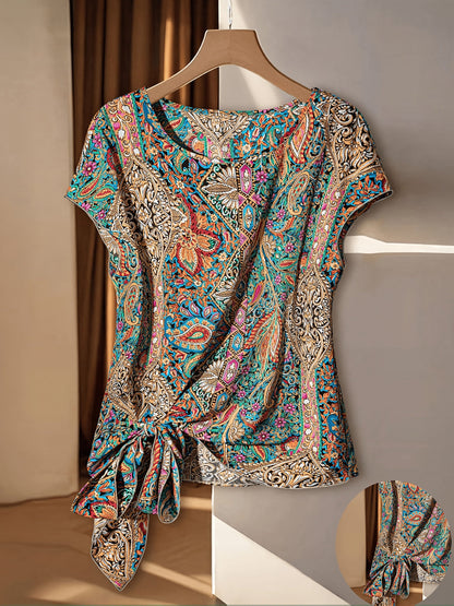 Elegant Women's Blouse with Bohemian Pattern for Spring/Summer, Asymmetric Style with Decorative Bow