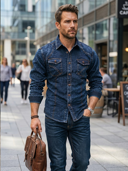 Chemise Homme Effet Délavé Bleu Foncé Manches Longues Boutons Marron