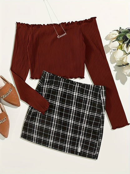 Conjunto de dos piezas para mujer estilo elegante falda a cuadros y top con hombros descubiertos para salidas primaverales y estivales