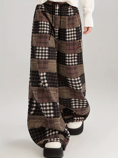Pantalon large à carreaux style patchwork marron doublé doux