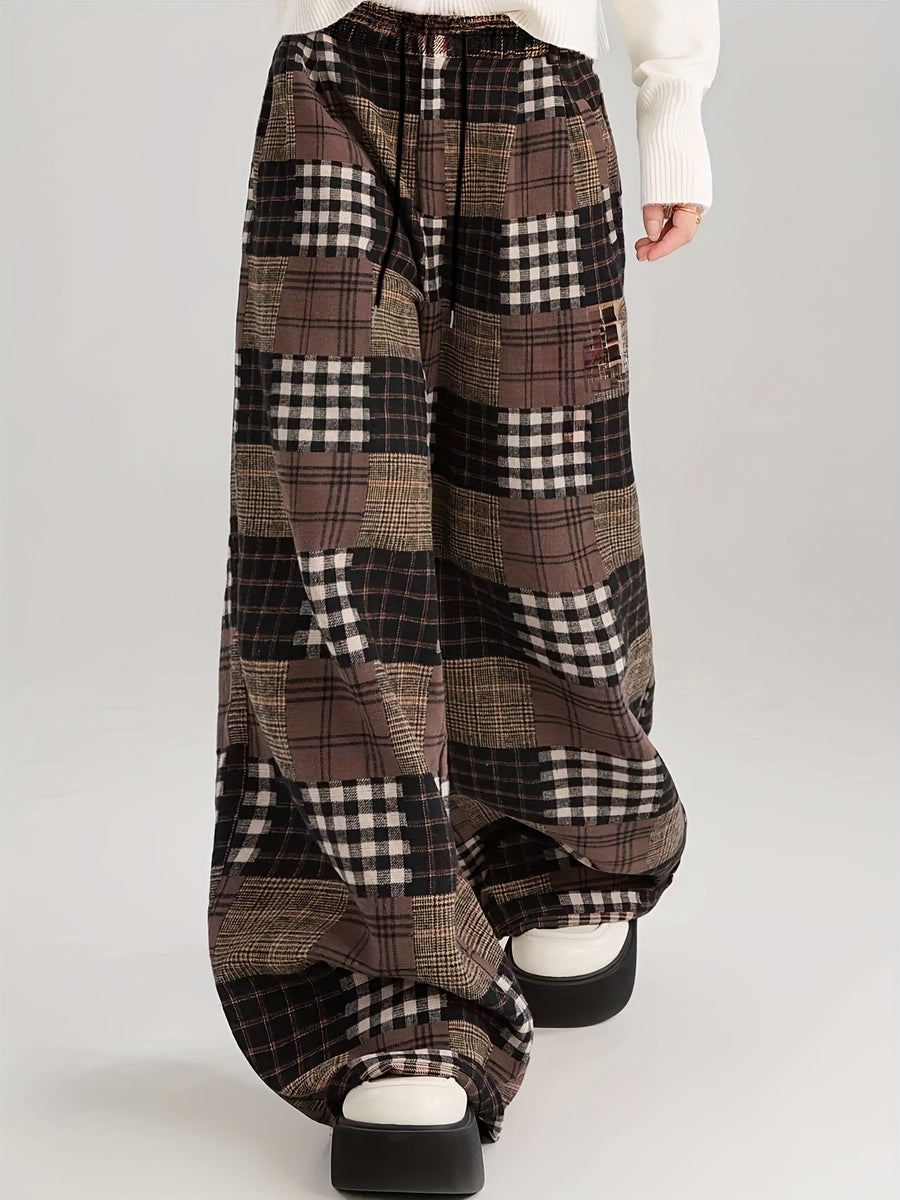 Pantalon large à carreaux style patchwork marron doublé doux