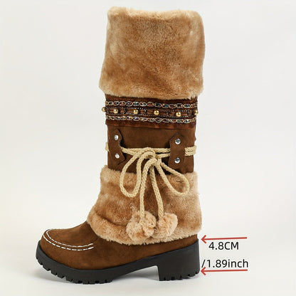 Bottes Femme Mi-Mollet Chaudes Style Ethnique Marron avec Fourrure et Pompons