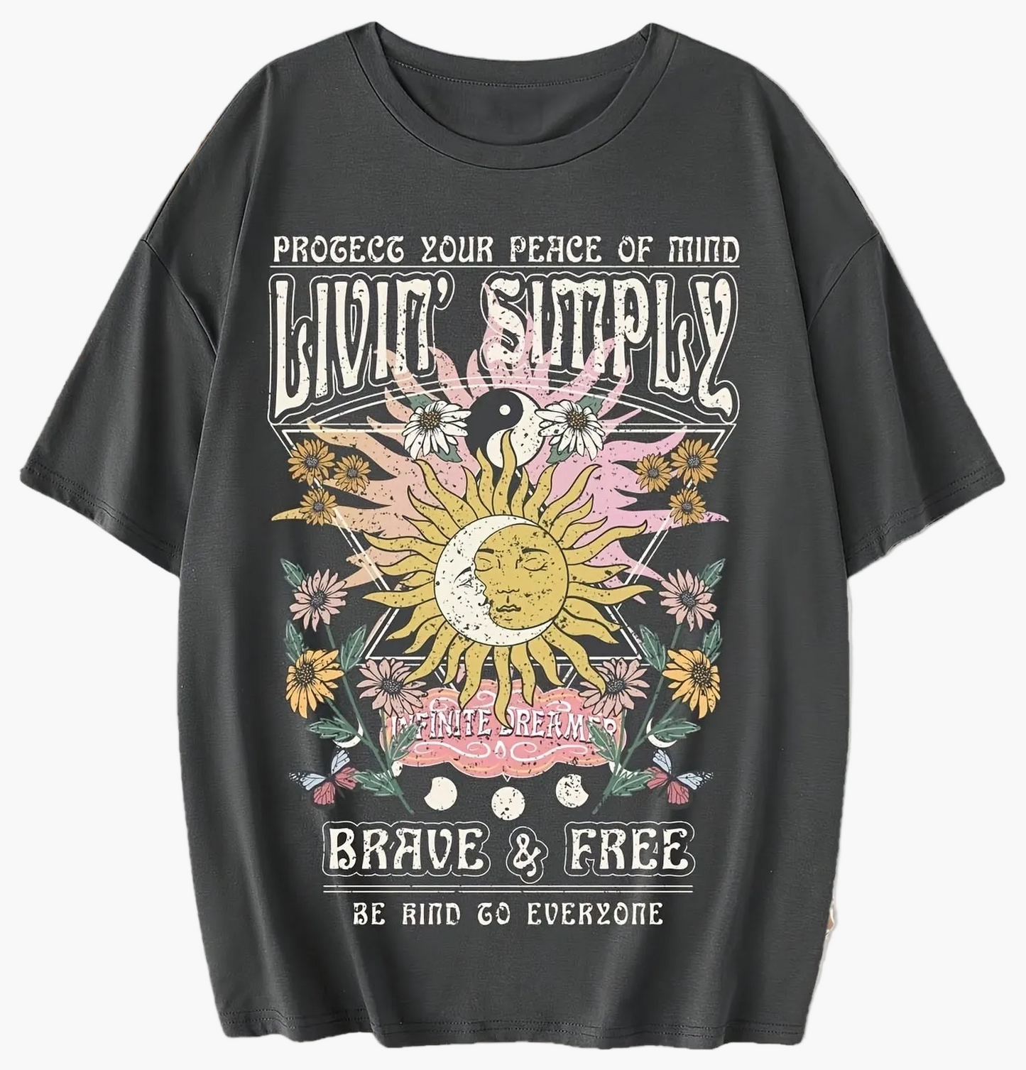 T-shirt femme style bohème graphique « Live Simply » imprimé soleil et lune, manche courte, casual
