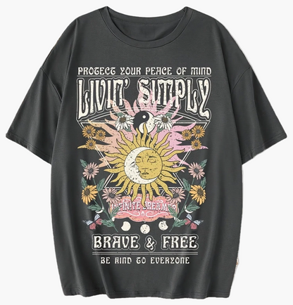 T-shirt femme style bohème graphique « Live Simply » imprimé soleil et lune, manche courte, casual