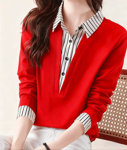 T-shirt Femme Col Chemise Rayé Manches Longues Faux Deux Pièces