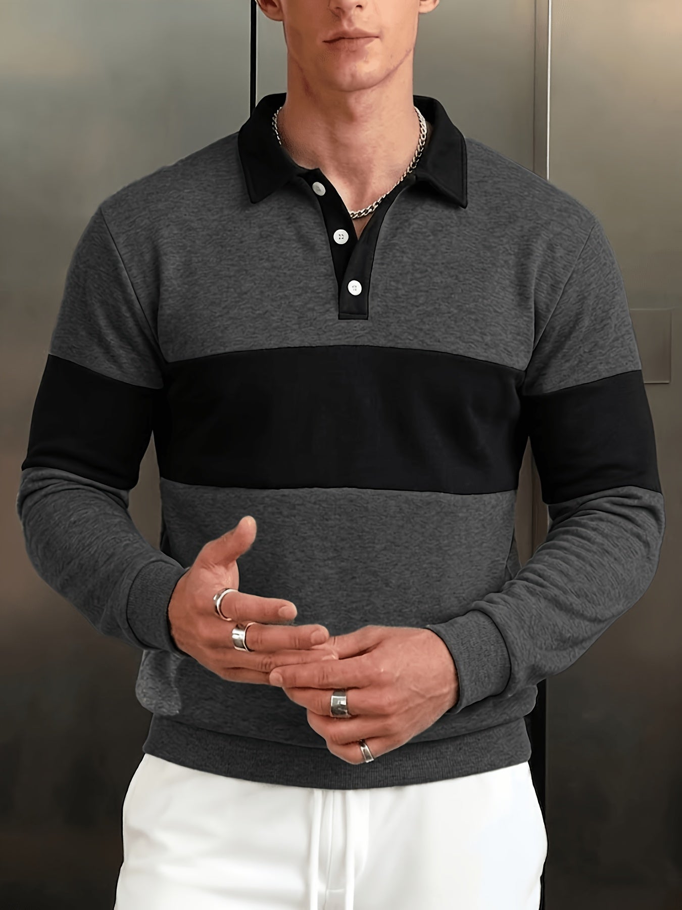 Polo à manches longues homme bicolore rayé col noir