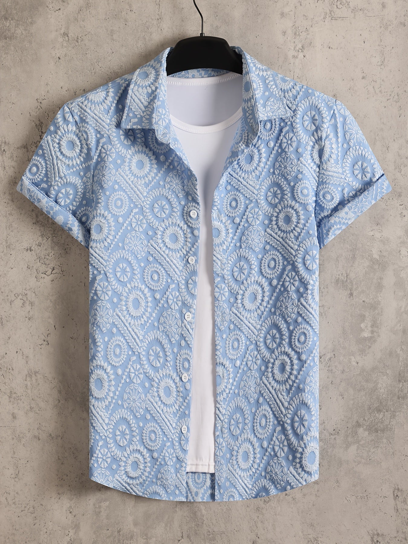 Camicia da uomo stile resort a maniche corte, motivo medaglione testurizzato, ideale per vacanze e uscite estive