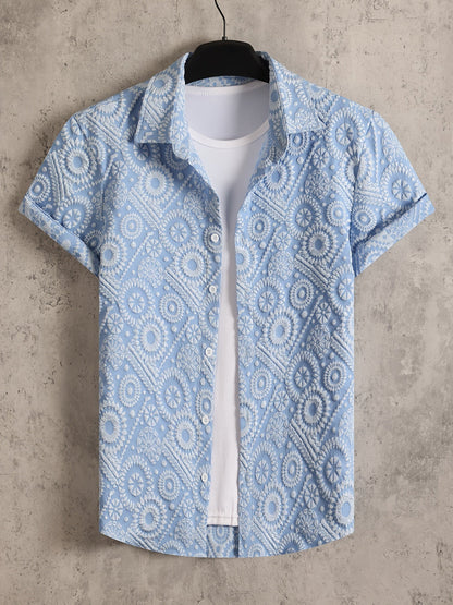 Camicia da uomo stile resort a maniche corte, motivo medaglione testurizzato, ideale per vacanze e uscite estive