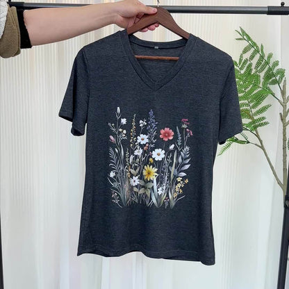Afslappet dame-T-shirt med V-hals og boheme blomsterprint til sommeren
