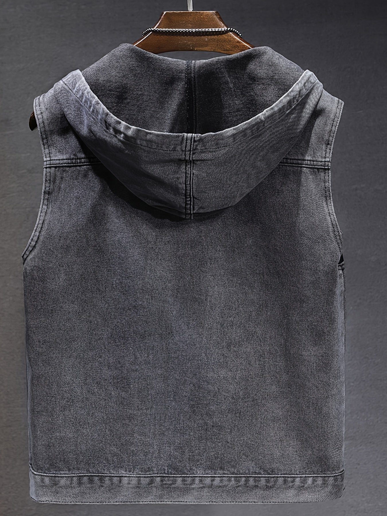 Veste sans manches à capuche pour homme en denim noir délavé