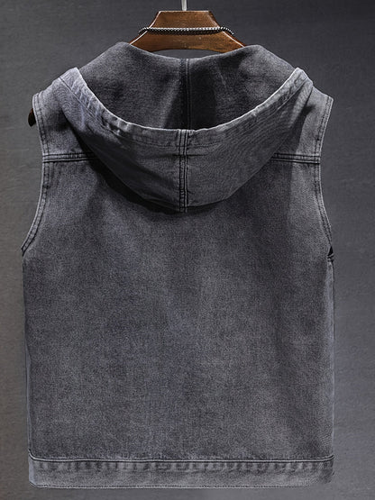 Veste sans manches à capuche pour homme en denim noir délavé