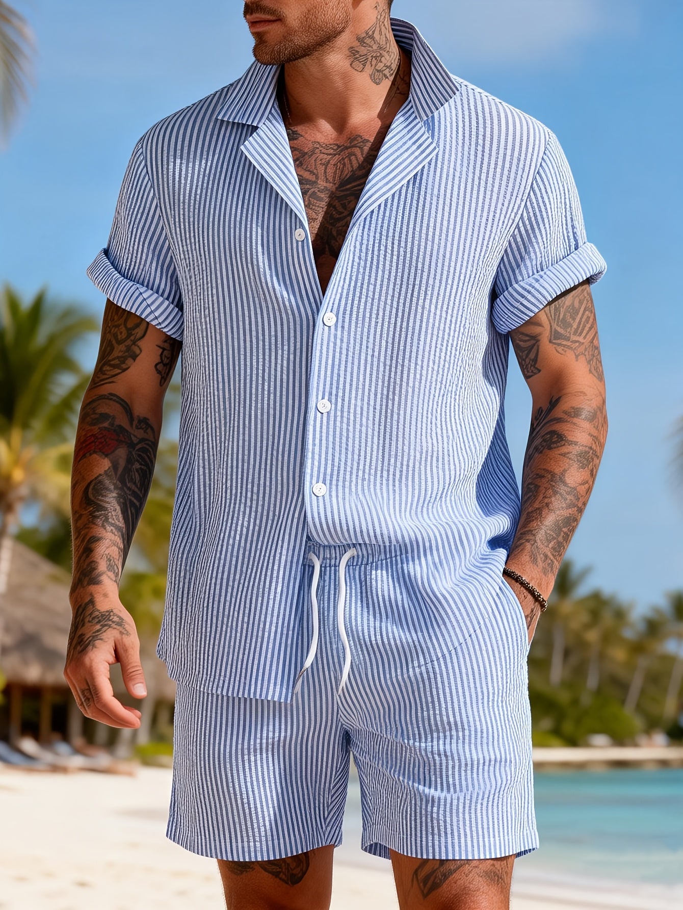 Completo casual due pezzi a righe da uomo – Stile estivo ed elegante per la spiaggia e il tempo libero