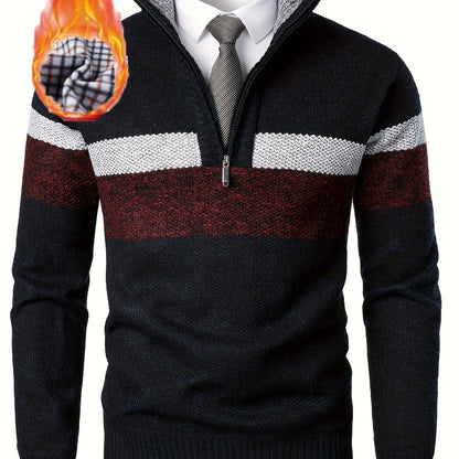 Pull homme tricoté à rayures, col montant zippé, doublure polaire beige et marron