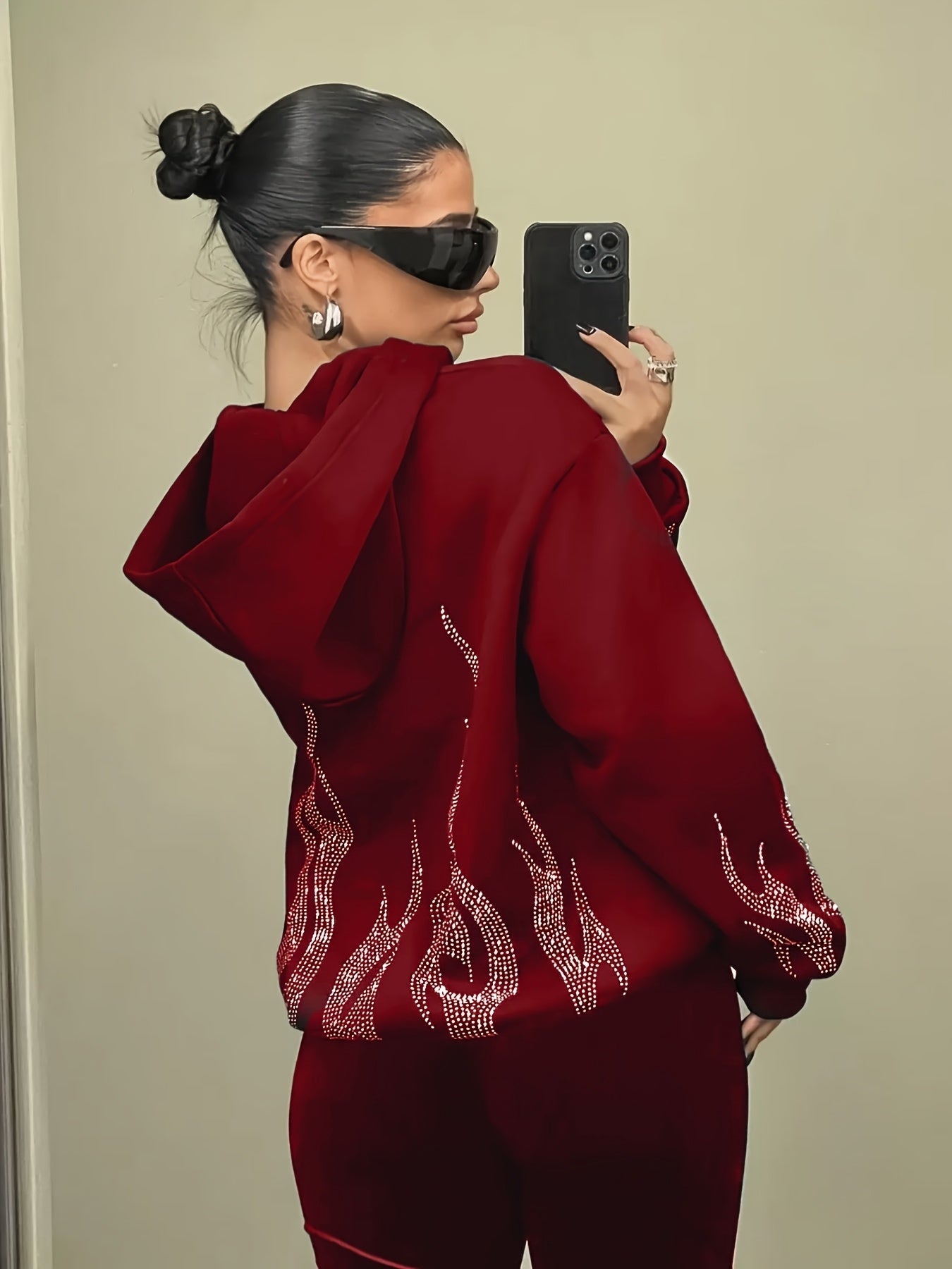 Sweat à Capuche Femme Décontracté Noir Flammé Strass Manches Longues
