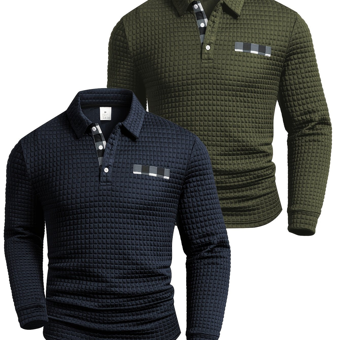 Polo homme à manches longues texturé quadrillé bicolore col chemise