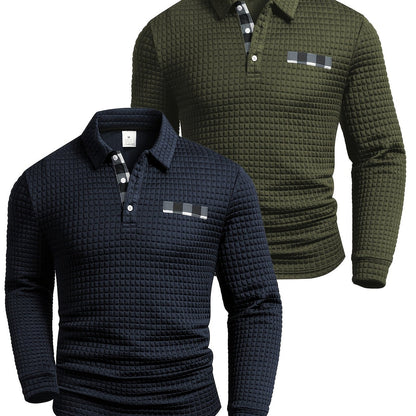 Polo homme à manches longues texturé quadrillé bicolore col chemise