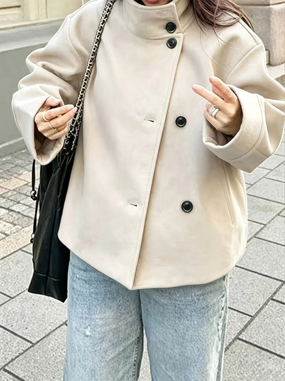 Veste courte femme col montant boutonnée décontractée couleur unie