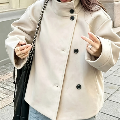 Veste courte femme col montant boutonnée décontractée couleur unie