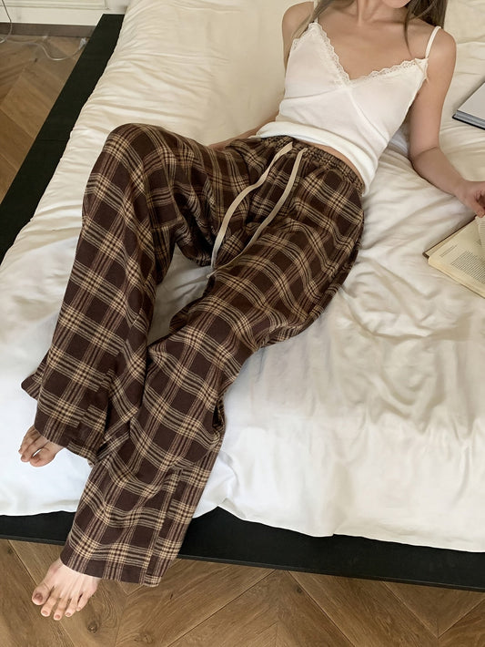 Pantalon de Pyjama Femme Carreaux Marron et Beige Ample avec Cordon