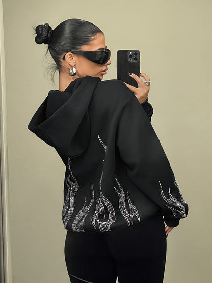 Sweat à Capuche Femme Décontracté Noir Flammé Strass Manches Longues