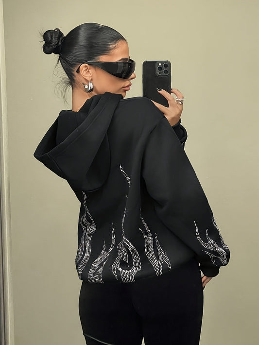 Sweat à Capuche Femme Décontracté Noir Flammé Strass Manches Longues