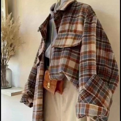 Surchemise à carreaux oversize Femme marron beige bleue décontractée